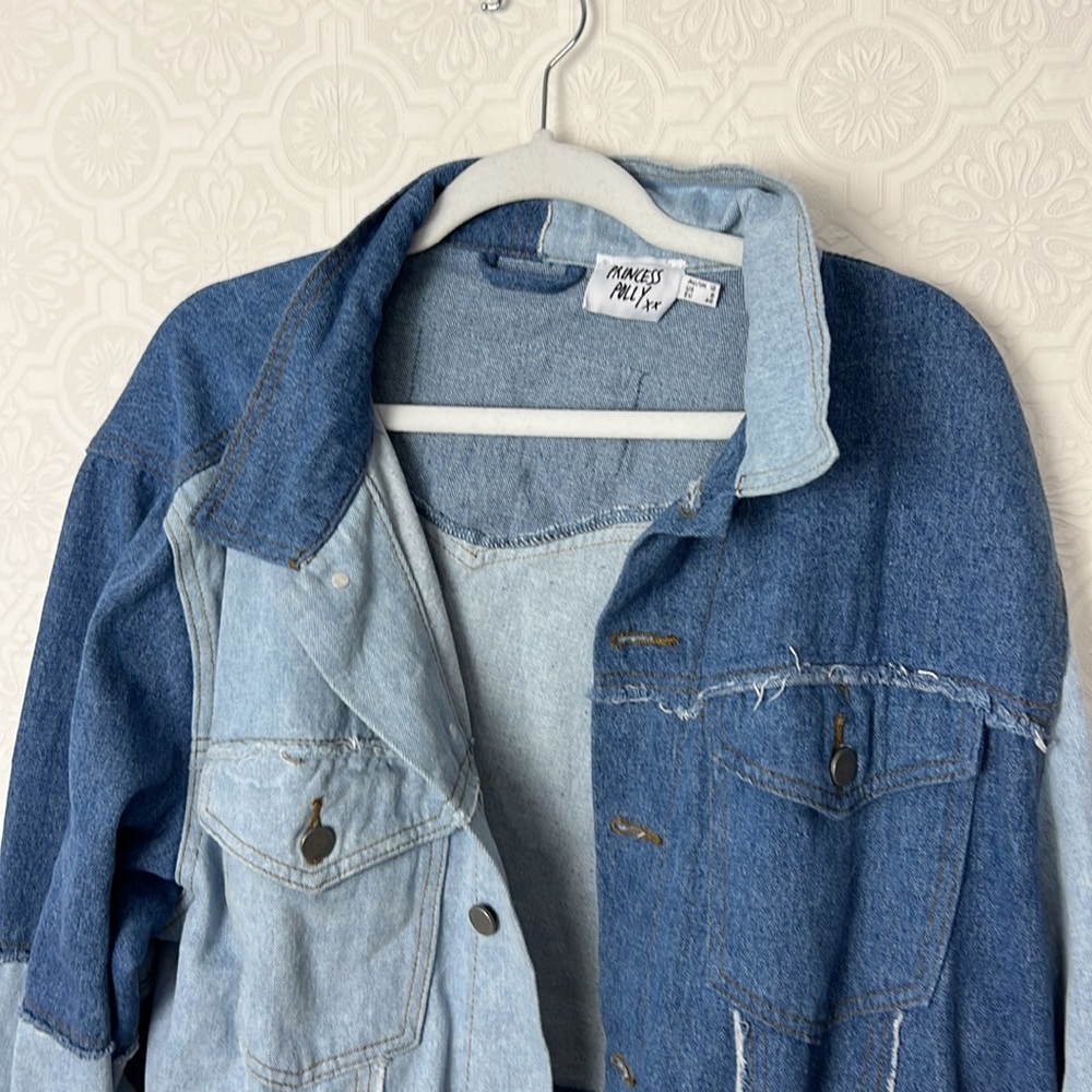 Princess Polly Rylee Denim Jean Jacket Oversized Patchwork‎ Shacket Blue 8 - Picture 3 of 9